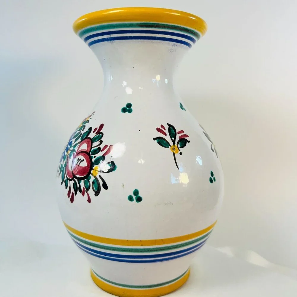 Artisan Signed Hand Painted Vase Roses Sunflower Spring Red Yellow Blue ‎ 7